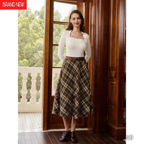 Plaid Midi Skirt with Pockets High Elastic Waist A-Line Fall Winter - Picture 7 of 8